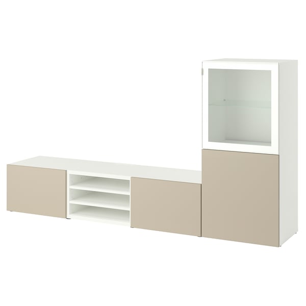 BESTÅ TV storage combination/glass doors, white/Selsviken high-gloss/beige clear glass, 240x42x129 cm