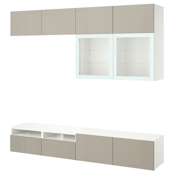 BESTÅ TV storage combination/glass doors, white/Selsviken high-gloss/beige clear glass, 240x42x231 cm
