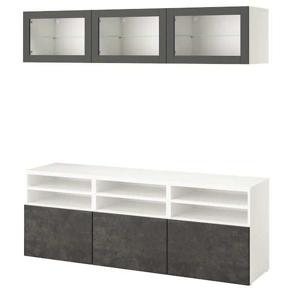 Ikea BESTÅ - TV storage combination/glass doors, white Sindvik/Kallviken dark grey, 180x42x192 cm
