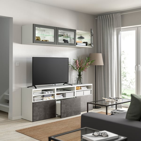 BESTÅ TV storage combination/glass doors, white Sindvik/Kallviken dark grey, 180x42x192 cm