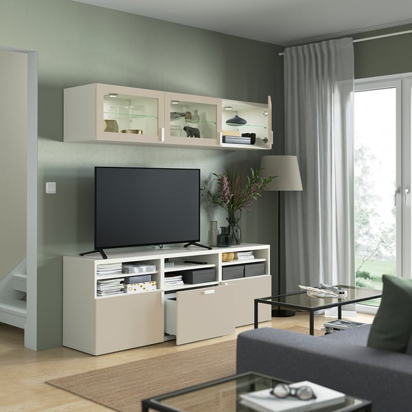 BESTÅ TV storage combination/glass doors, white Sindvik/Lappviken light grey/beige, 180x42x192 cm