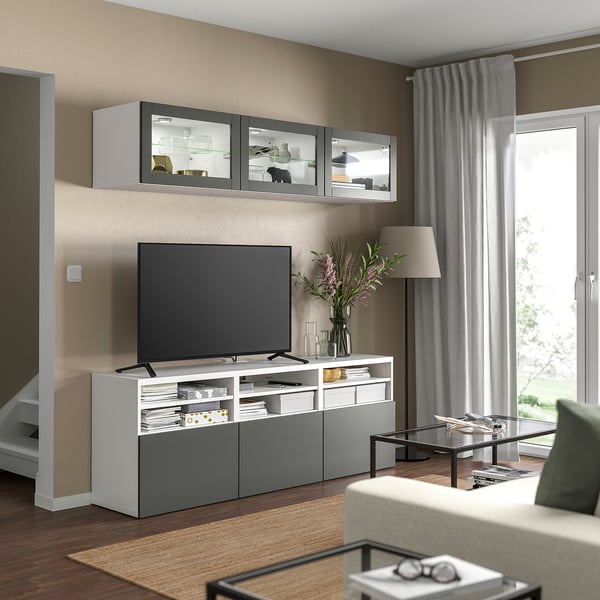 BESTÅ TV storage combination/glass doors, white Sindvik/Lappviken dark grey, 180x42x192 cm