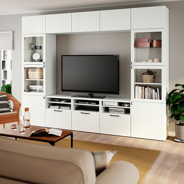 BESTÅ TV storage combination/glass doors, white Sutterviken/Sindvik white clear glass, 300x42x231 cm