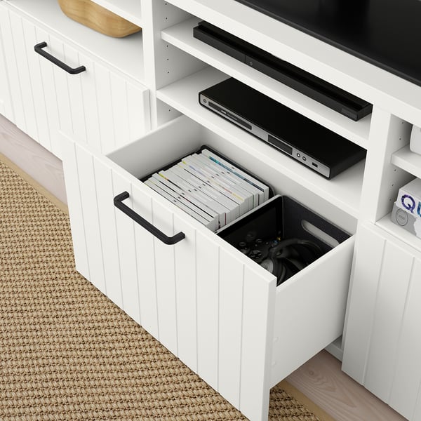 BESTÅ TV storage combination/glass doors, white Sutterviken/Sindvik white clear glass, 300x42x231 cm