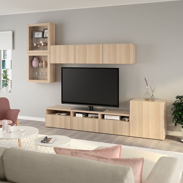BESTÅ TV storage combination/glass doors, white stained oak effect/Lappviken white stained oak eff clear glass, 300x42x211 cm