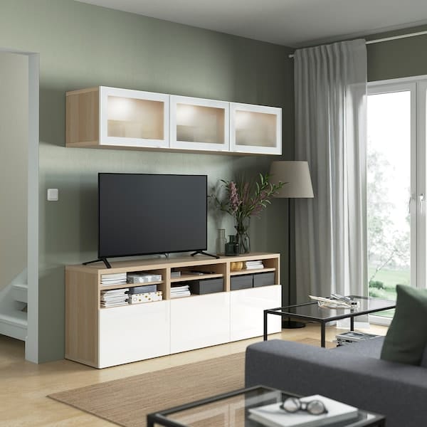 Ikea BESTÅ - TV storage combination/glass doors, white stained oak effect/Selsviken high-gloss/white frosted glass, 180x42x192 cm