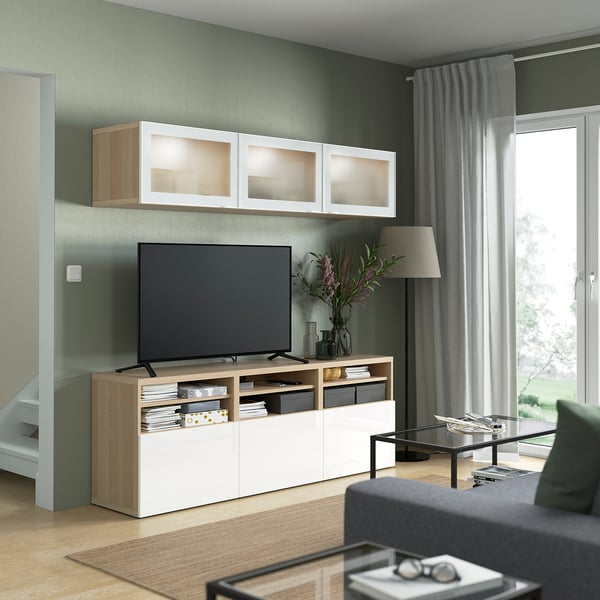 BESTÅ TV storage combination/glass doors, white stained oak effect/Selsviken high-gloss/white frosted glass, 180x42x192 cm