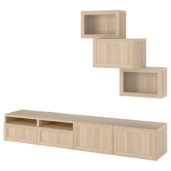BESTÅ TV storage combination/glass doors, white stained oak effect Sindvik/Hanviken white stained oak eff clear glass, 240x42x190 cm