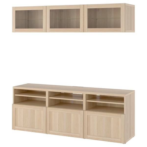 BESTÅ TV storage combination/glass doors, white stained oak effect Sindvik/Hanviken white stained oak eff clear glass, 180x42x192 cm