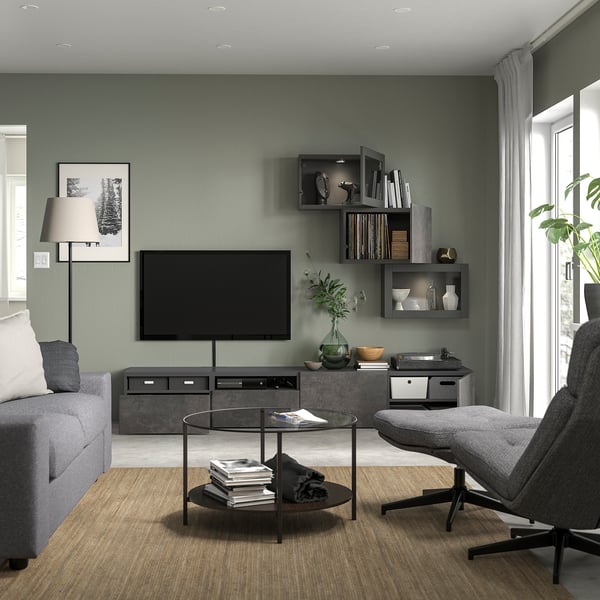 BESTÅ TV storage combination/glass doors, dark grey Kallviken/Sindvik dark grey, 240x42x190 cm