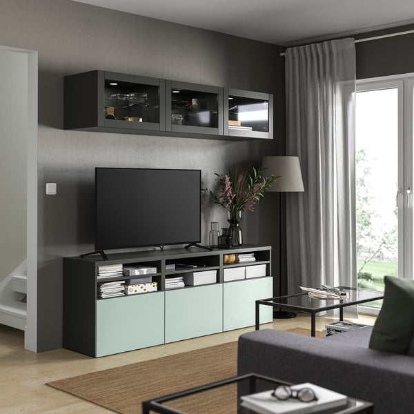 BESTÅ TV storage combination/glass doors, dark grey Sindvik/Hjortviken pale grey-green, 180x42x192 cm
