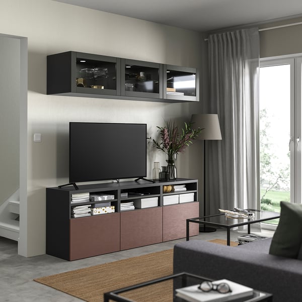 BESTÅ TV storage combination/glass doors, dark grey Sindvik/Hjortviken brown, 180x42x192 cm