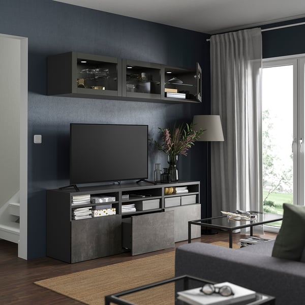 BESTÅ TV storage combination/glass doors, dark grey Sindvik/Kallviken dark grey, 180x42x192 cm
