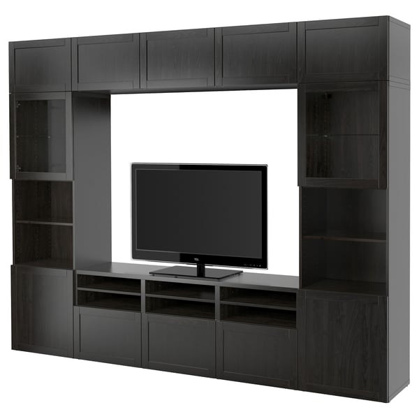 BESTÅ TV storage combination/glass doors, black-brown/Hanviken black-brown clear glass, 300x42x231 cm