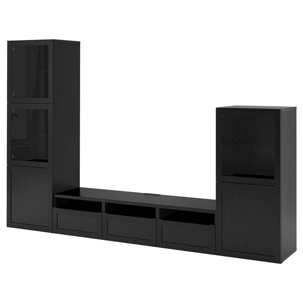 BESTÅ TV storage combination/glass doors, black-brown/Hanviken black-brown clear glass, 300x42x193 cm