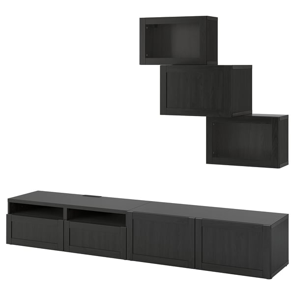 BESTÅ TV storage combination/glass doors, black-brown/Hanviken black-brown clear glass, 240x42x190 cm