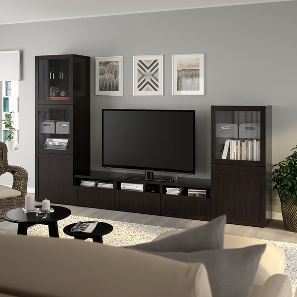BESTÅ TV storage combination/glass doors, black-brown/Hanviken black-brown clear glass, 300x42x193 cm