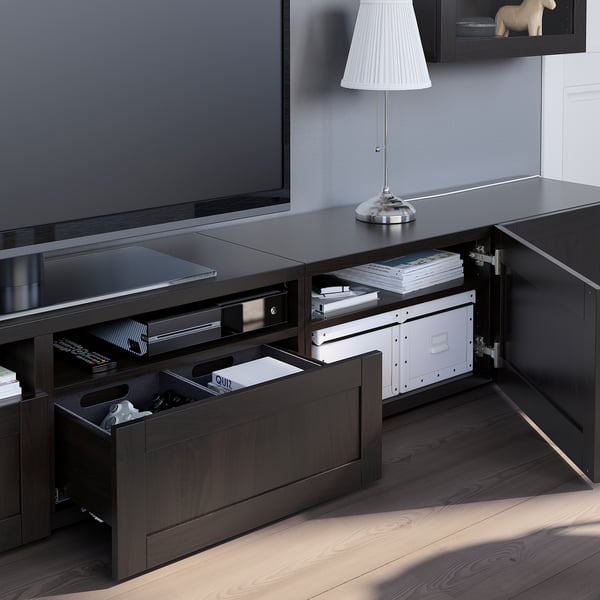 BESTÅ TV storage combination/glass doors, black-brown/Hanviken black-brown clear glass, 240x42x190 cm