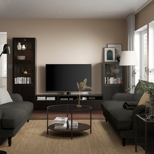BESTÅ TV storage combination/glass doors, black-brown/Hanviken black-brown clear glass, 300x42x193 cm