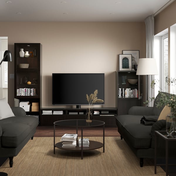 BESTÅ TV storage combination/glass doors, black-brown/Hanviken black-brown clear glass, 300x42x193 cm