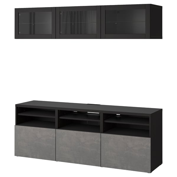 BESTÅ TV storage combination/glass doors, black-brown Sindvik/Kallviken dark grey, 180x42x192 cm