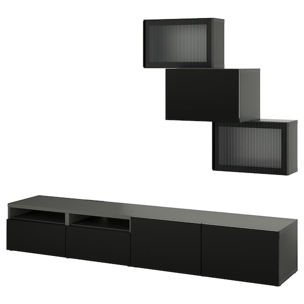 Ikea BESTÅ - TV storage combination/glass doors, black Selsviken/Fällsvik anthracite, 240x42x190 cm