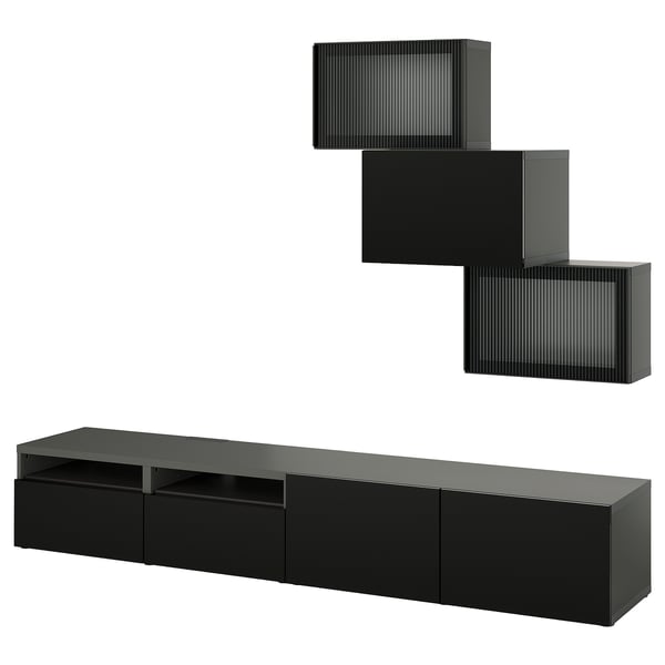BESTÅ TV storage combination/glass doors, black Selsviken/Fällsvik anthracite, 240x42x190 cm