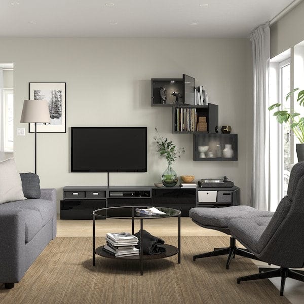 Ikea BESTÅ - TV storage combination/glass doors, black Selsviken/Fällsvik anthracite, 240x42x190 cm