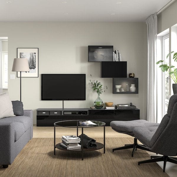 Ikea BESTÅ - TV storage combination/glass doors, black Selsviken/Fällsvik anthracite, 240x42x190 cm