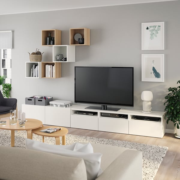 BESTÅ / EKET cabinet combination for TV, white/white stained oak effect, 300x42x210 cm