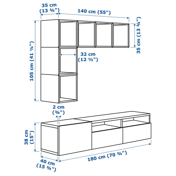 BESTÅ / EKET cabinet combination for TV, white/grey-green, 180x42x170 cm