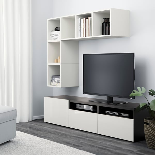 BESTÅ / EKET cabinet combination for TV, white/black-brown/high-gloss/white, 180x42x170 cm