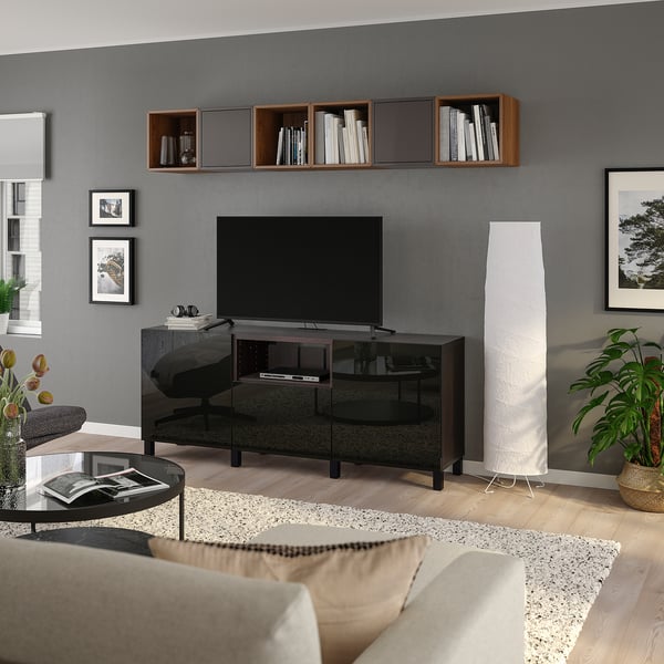 BESTÅ / EKET cabinet combination for TV, black-brown dark grey/walnut effect, 210x42x220 cm