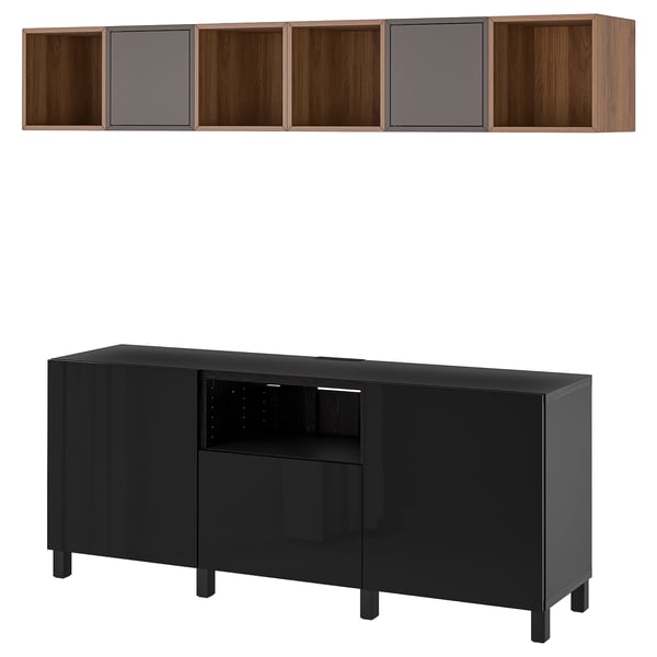 BESTÅ / EKET cabinet combination for TV, black-brown dark grey/walnut effect, 210x42x220 cm