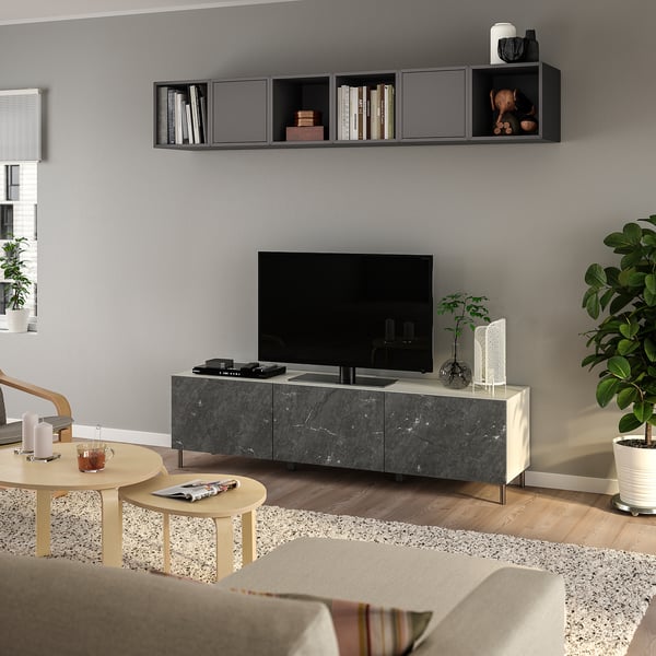 BESTÅ / EKET TV bench, white/Bergsviken/Ösarp stainless steel, 180x42x48 cm