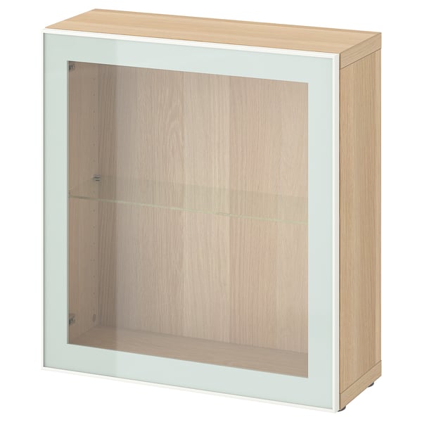 BESTÅ shelf unit with glass door, white stained oak effect Glassvik/white/light green clear glass, 60x22x64 cm