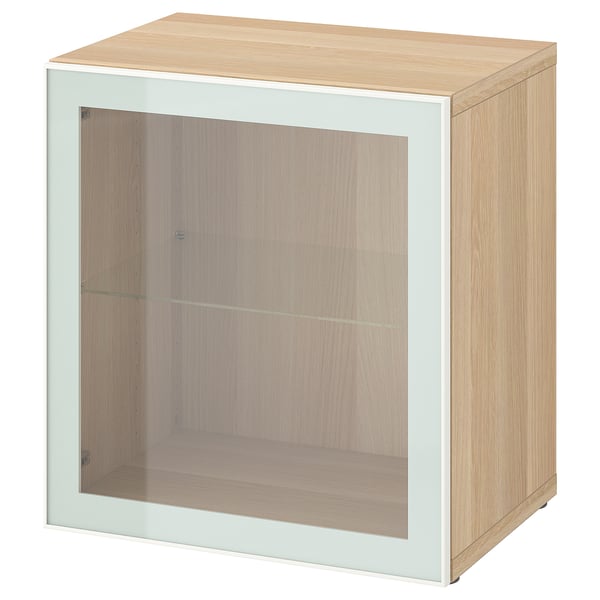 BESTÅ shelf unit with glass door, white stained oak effect Glassvik/white/light green clear glass, 60x42x64 cm