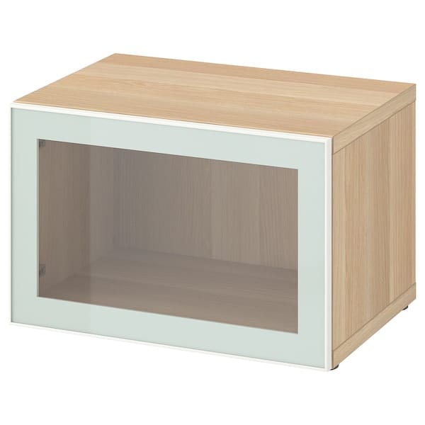 Ikea BESTÅ - Shelf unit with glass door, white stained oak effect Glassvik/white/light green clear glass, 60x42x38 cm