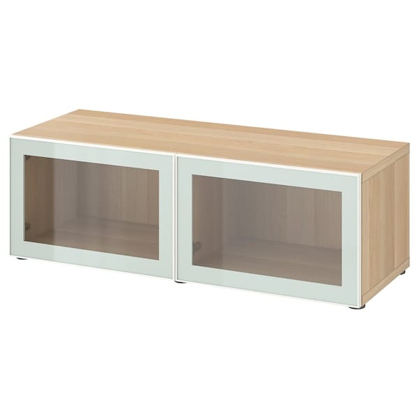 Ikea BESTÅ - Shelf unit with glass doors, white stained oak effect Glassvik/white/light green clear glass, 120x42x38 cm