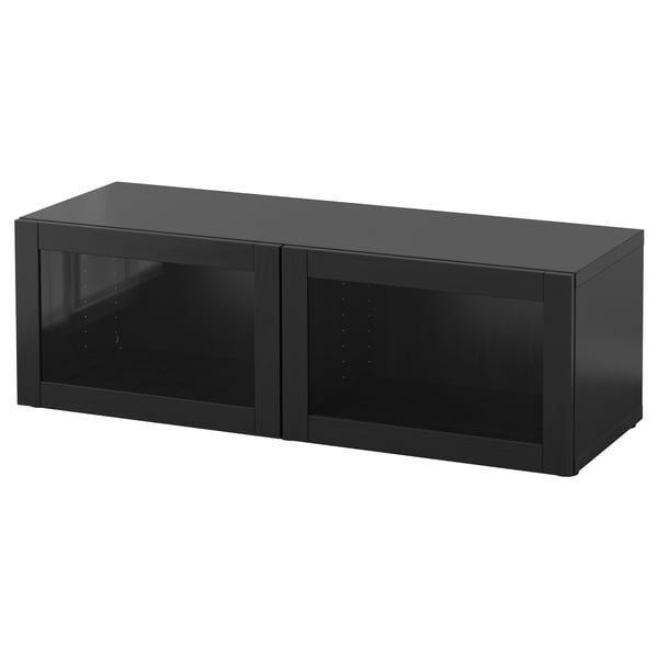 BESTÅ shelf unit with glass doors, black-brown/Sindvik black-brown clear glass, 120x42x38 cm