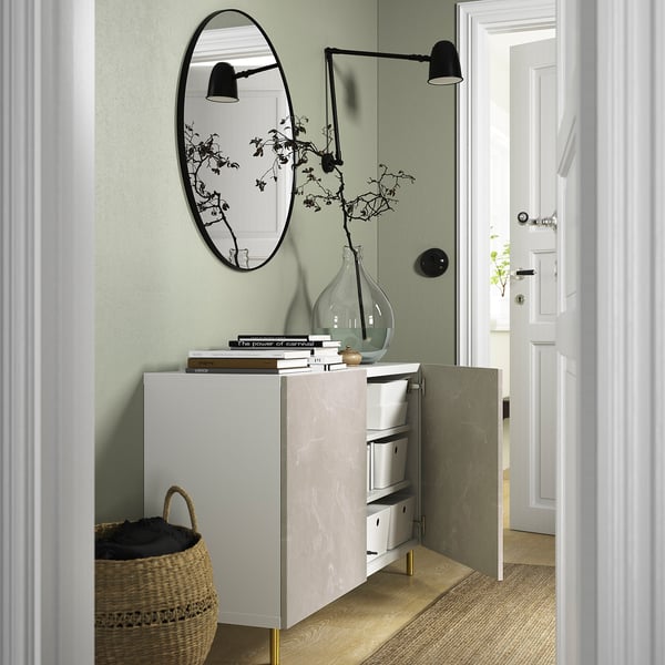 BESTÅ storage combination with doors, white Bergsviken/Ösarp/beige marble effect, 120x42x74 cm