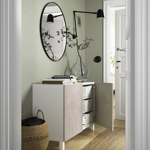 BESTÅ storage combination with doors, white Bergsviken/Stubbarp/beige marble effect, 120x42x74 cm