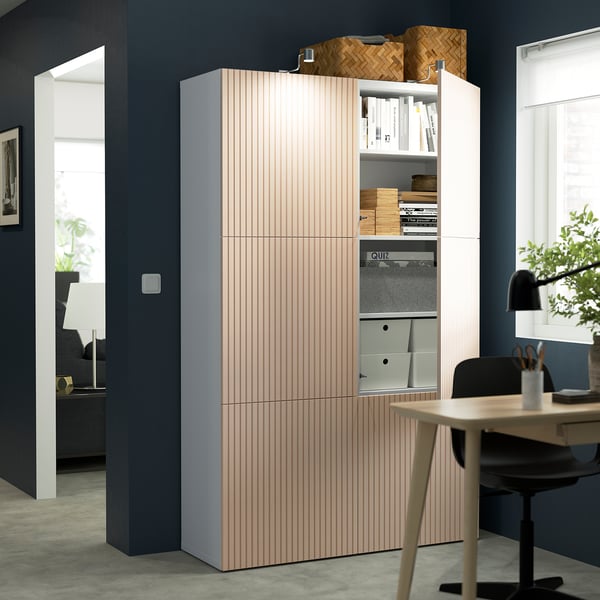 BESTÅ storage combination with doors, white/Björköviken birch veneer, 120x42x193 cm