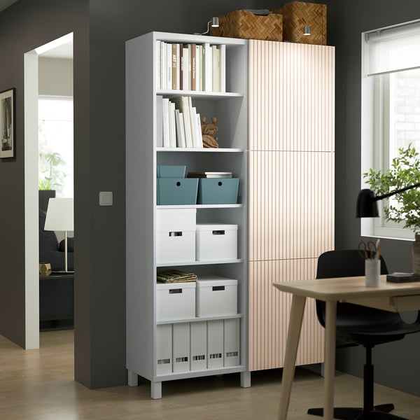 BESTÅ storage combination with doors, white/Björköviken birch veneer, 120x42x202 cm