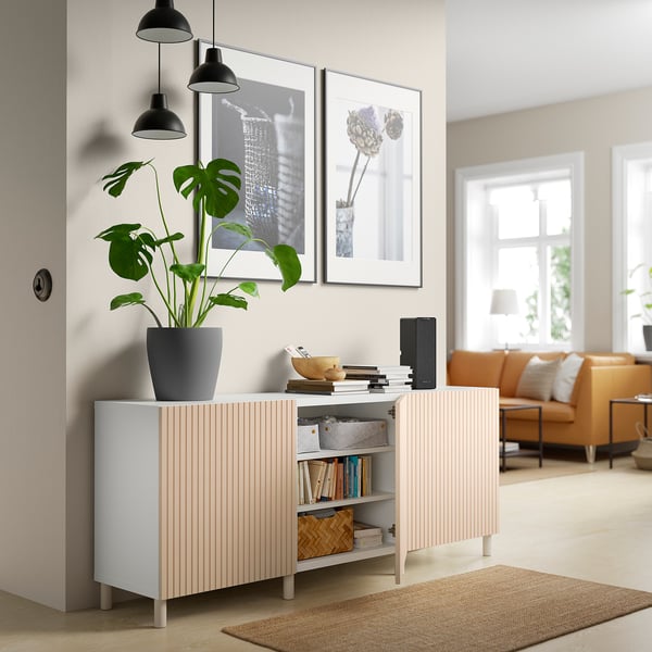 BESTÅ storage combination with doors, white/Björköviken/Mejarp birch veneer, 180x42x74 cm