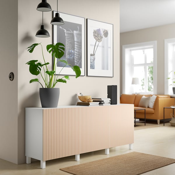 BESTÅ storage combination with doors, white/Björköviken/Stubbarp birch veneer, 180x42x74 cm