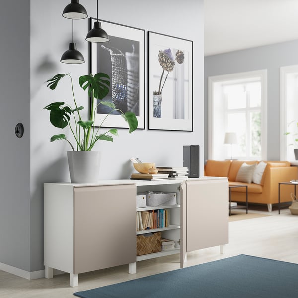 BESTÅ storage combination with doors, white/Hammarsmed/Stubbarp beige, 180x42x74 cm