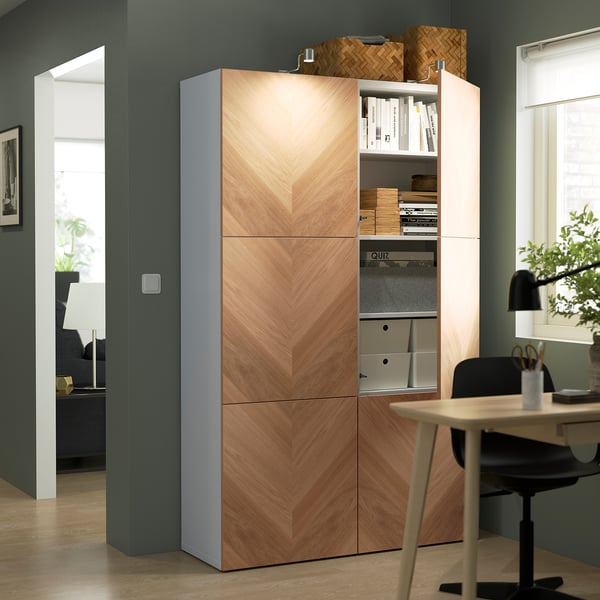 BESTÅ storage combination with doors, white/Hedeviken oak veneer, 120x42x193 cm