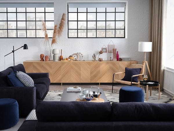 Ikea BESTÅ - Storage combination with doors, white/Hedeviken/Ösarp oak veneer, 120x42x74 cm