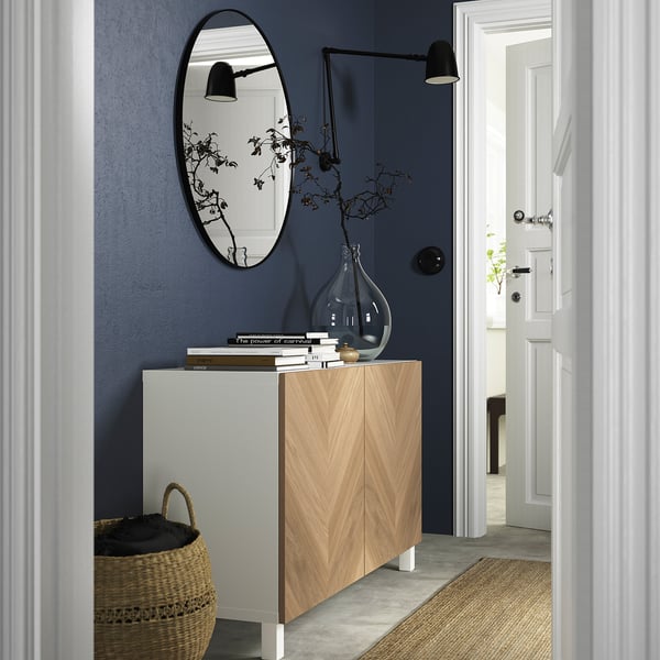 BESTÅ storage combination with doors, white/Hedeviken/Stubbarp oak veneer, 120x42x74 cm
